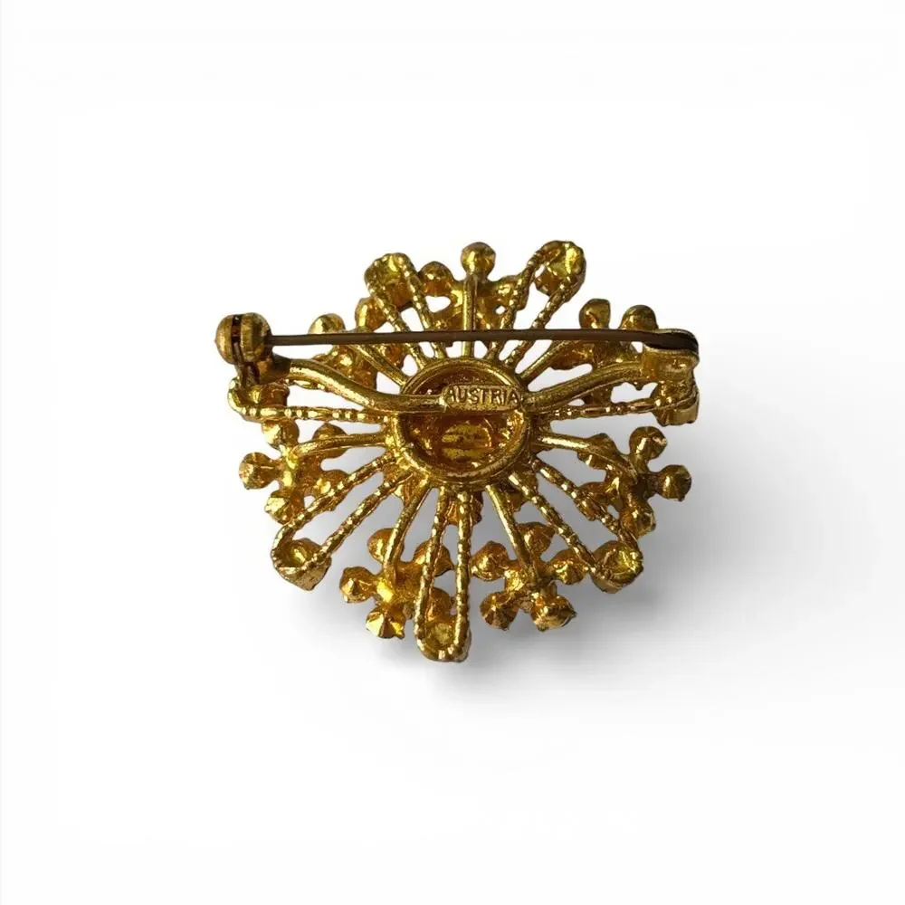 Vintage Signed Austria Gold Tone Amber Rhinestone Flower Petals Brooch